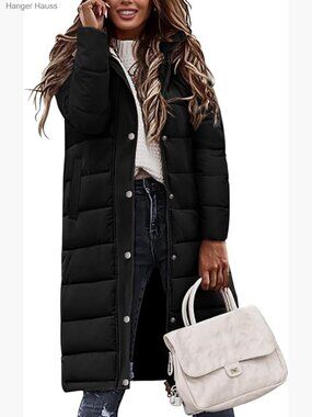 Women's Long Puffer Coat with Hood Side Zip Mid-Length Winter Jacket